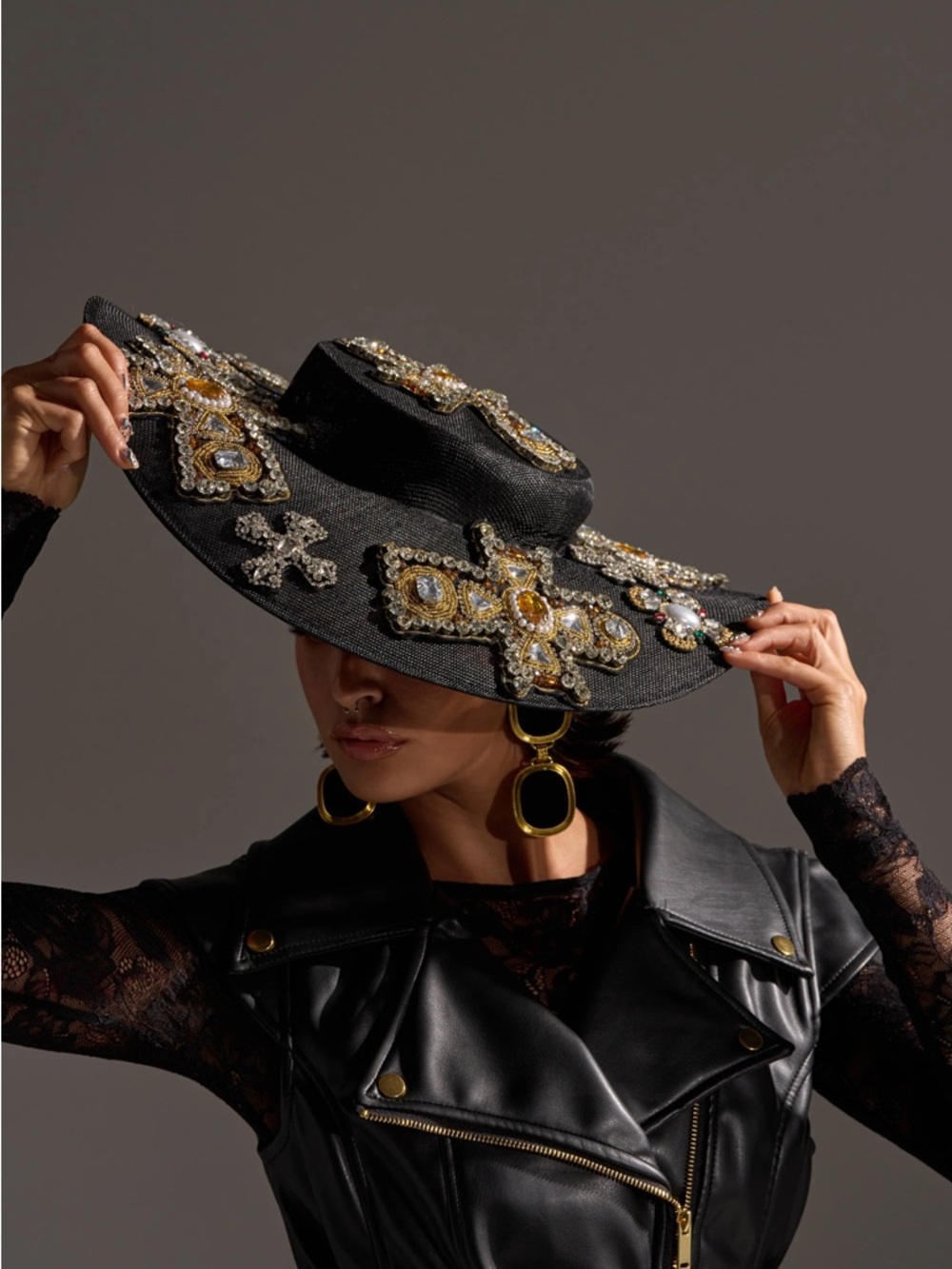Crucifix Black Wide-Brim Jeweled Cross Hat